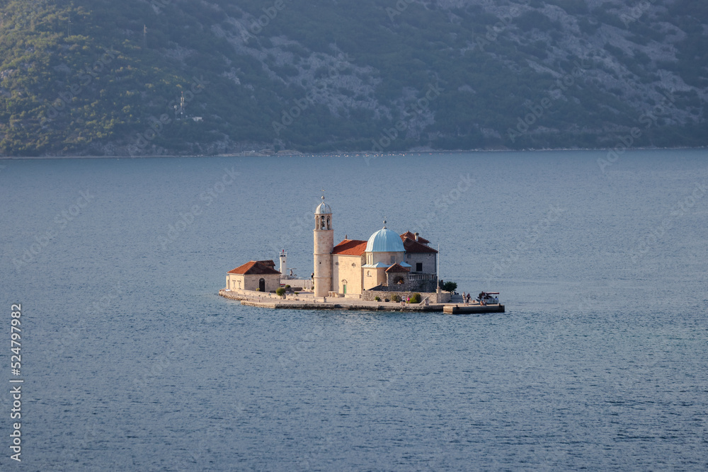 Kotor, Montenegro - July 18, 2022: Our Lady of the Rocks and Saint George Islands in the fjord en route to Kotor, Montenegro

