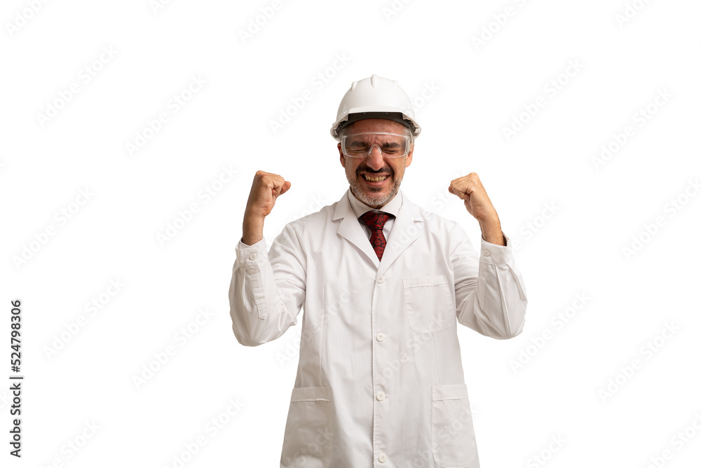 Portrait of a Caucasian engineer / scientist wearing a protective helmet and glasses in a white coat, posing with arms raised. isolated on white background. Portrait of a Caucasian engineer / scientist wearing a protective helmet and glasses in a white coat, posing with arms raised. isolated on white background.