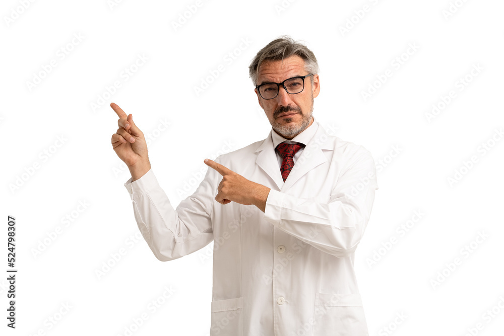 Portrait of senior doctor pointing up showing on copy space looking at camera. isolated on white background Portrait of senior doctor pointing up showing on copy space looking at camera. isolated on white background