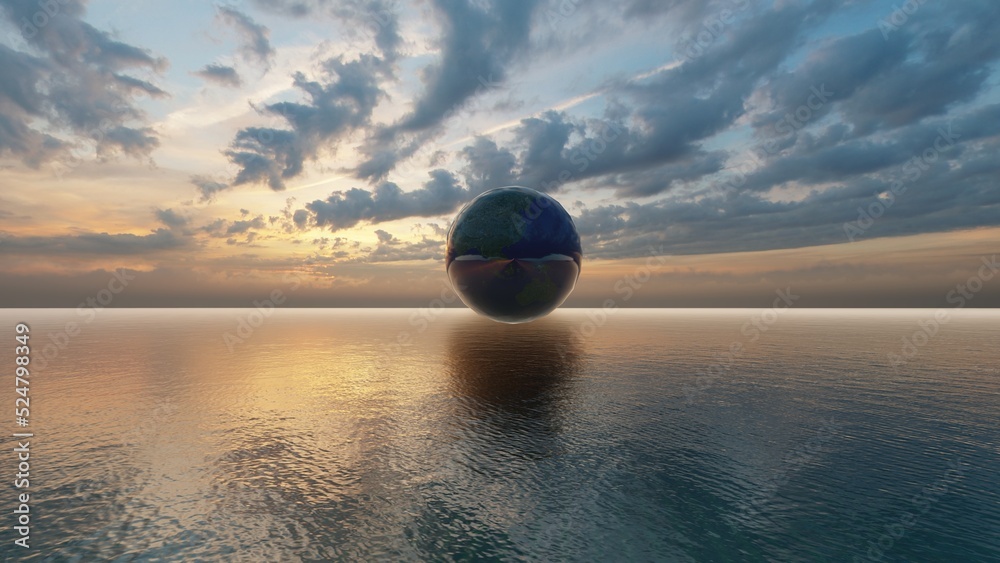 3d render of a globe on the sea