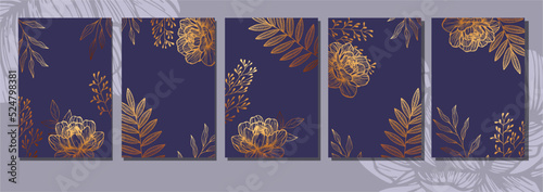 Floral cover, frame design set with gold line pattern (gold flower on violet background). Luxury premium vector background pattern for menu, elite summer sale, luxe invite template
