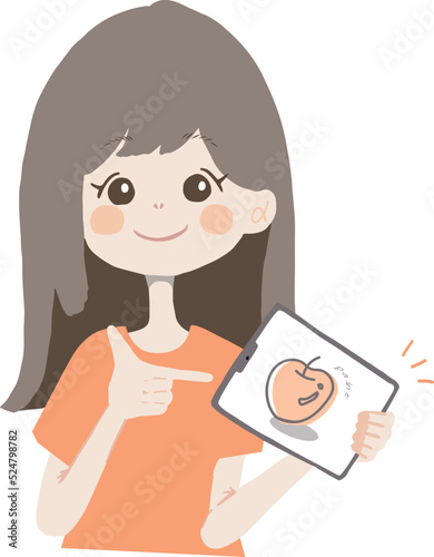 ipad(タブレット)を持って、おすすめのお絵描きアプリを紹介している女の子のイラスト