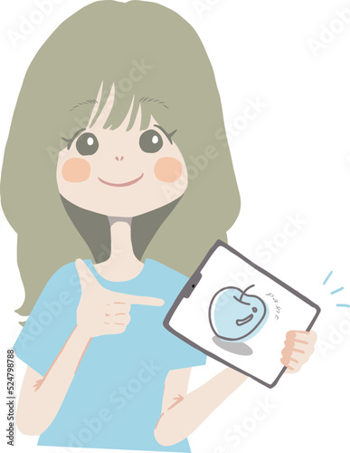 ipad(タブレット)を持って、おすすめのお絵描きアプリを紹介している女の子のイラスト