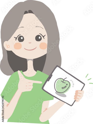 ipad(タブレット)を持って、おすすめのお絵描きアプリを紹介している女の子のイラスト