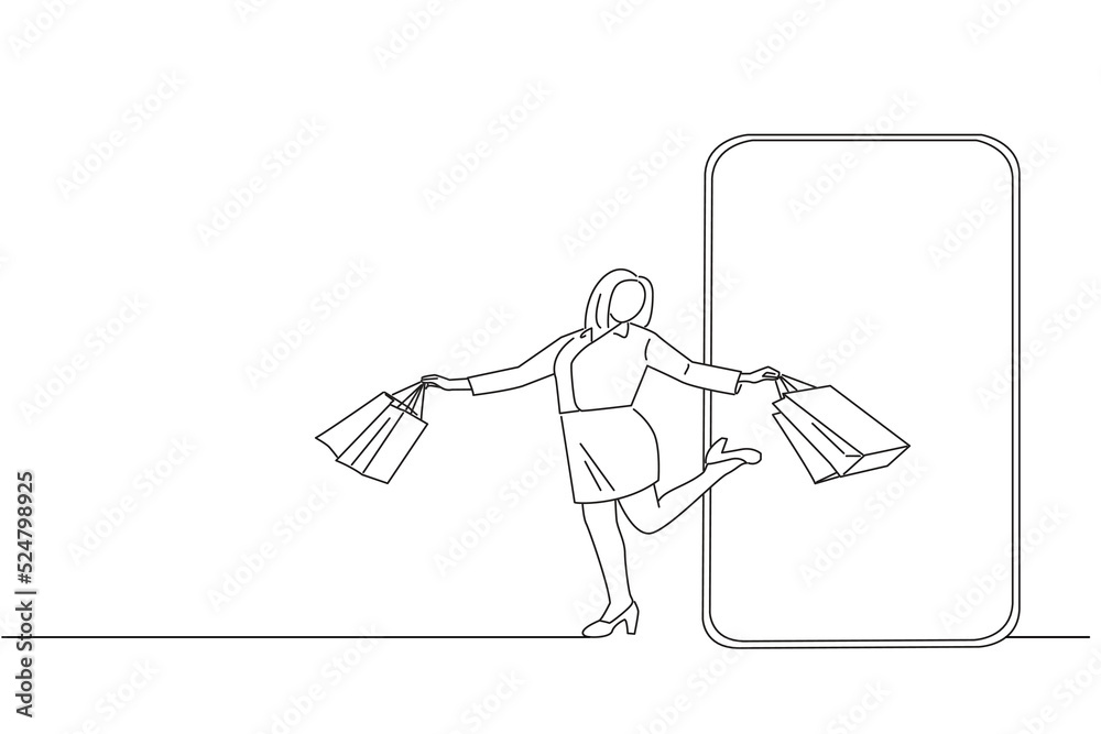 Cartoon of Cheerful Female Customer Holding Shopping Bags Coming Walking Out Empty Cell Phone Screen. Line art style Cartoon of Cheerful Female Customer Holding Shopping Bags Coming Walking Out Empty Cell Phone Screen. Line art style
