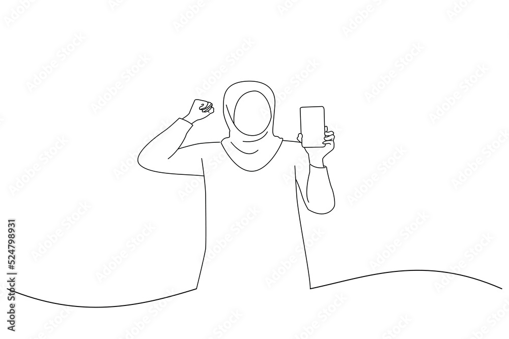 Drawing of excited beautiful asian woman hijab showing blank screen mobile phone. Outline drawing style art Drawing of excited beautiful asian woman hijab showing blank screen mobile phone. Outline drawing style art