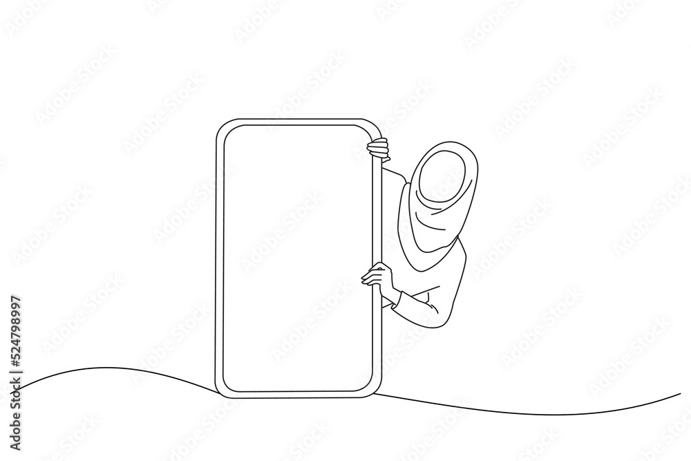 Obraz premium Cartoon of excited asian muslim lady peeking out big giant vertical smartphone with white blank screen presenting device display. One line art