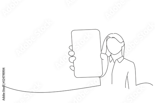 Drawing of Beautiful Young Woman Showing Big Smartphone With Blank Screen, Free Copy Space For Your Design. Oneline art drawing style