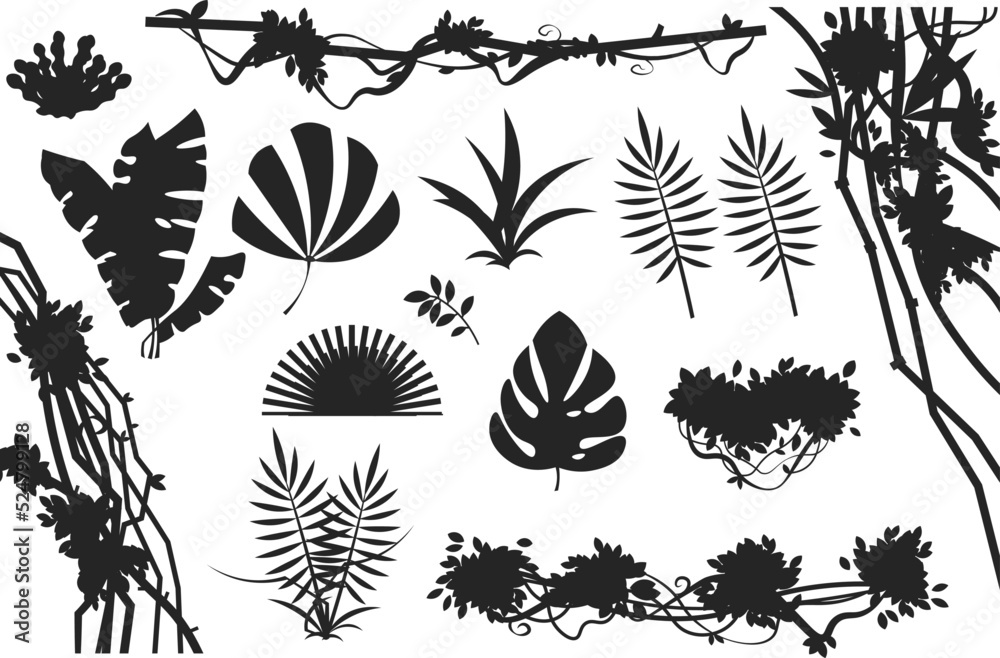  jungle vine cartoon rainforest leaves liana overgrown plants isolated Vector Silhouettes