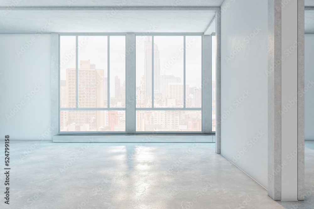 Fototapeta premium Modern light concrete interior with window with city view. Gallery and exhibition concept. 3D Rendering.