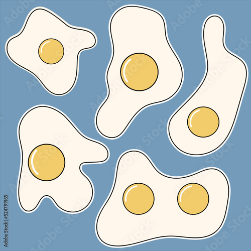 Vector illustration of five cartoon fried eggs on a blue background