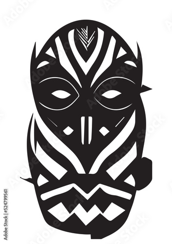 Tribal African Mask - Black and White Illustration