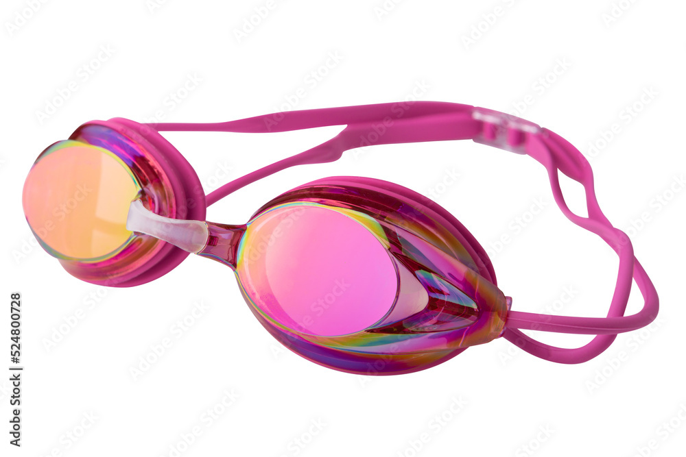 beautiful pink goggles for swimming in the pool, with mirrored glasses and silicone straps, on a white background beautiful pink goggles for swimming in the pool, with mirrored glasses and silicone straps, on a white background