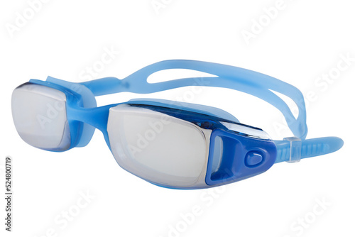 modern blue goggles for swimming in the pool or in the open water, with silicone straps, on a white background