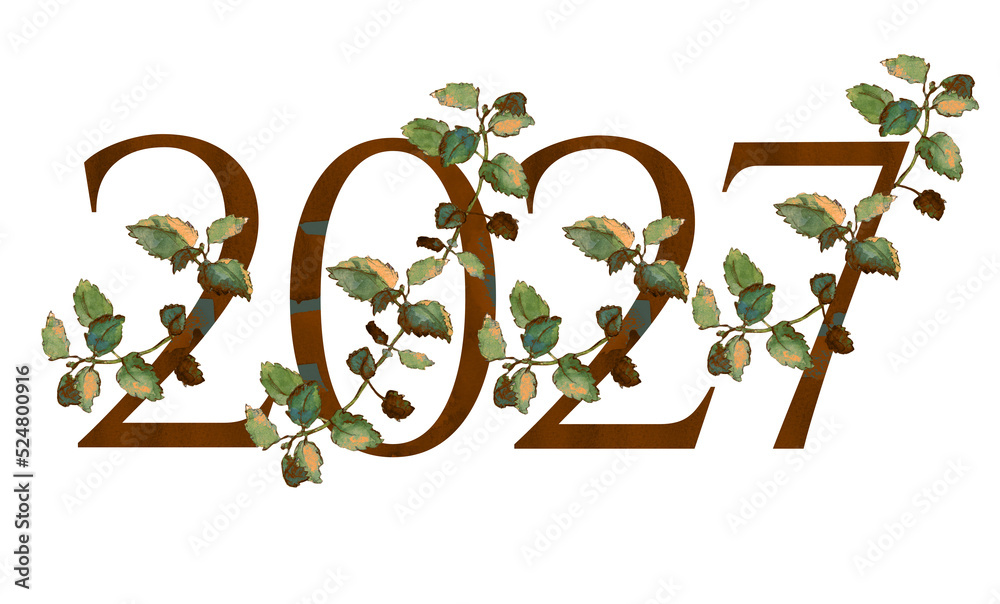 Year 2027 watercolor floral monogram with melissa twigs, isolated on white. Shabby chic serif alphabet. For graduation, special event and celebration marketing materials, invitations and cards - obrazy, fototapety, plakaty 