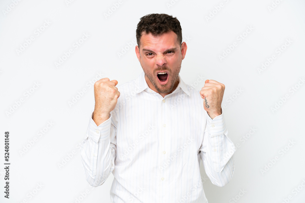 Young caucasian handsome man isolated on white background frustrated by a bad situation Young caucasian handsome man isolated on white background frustrated by a bad situation