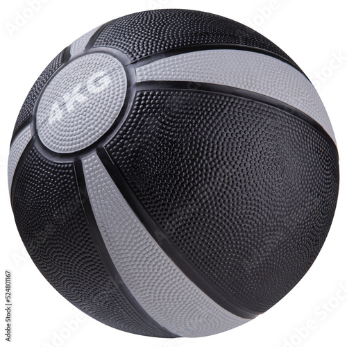 Black medicine ball weighing four kilograms, with gray stripes, for exercise therapy and fitness, isolate © aneduard