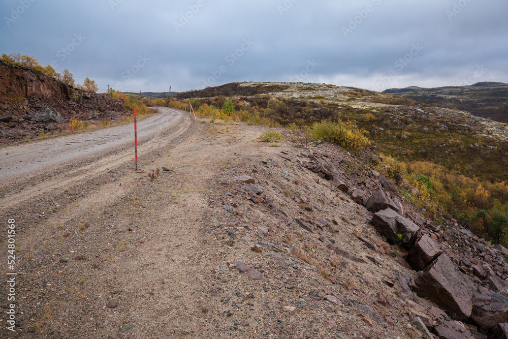 Highway road in Terabiska, Murmansk Oblast, Russia