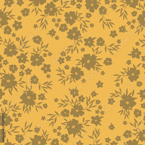 Simple vintage pattern. small gold flowers and leaves. yellow background. Fashionable print for textiles and wallpaper.
