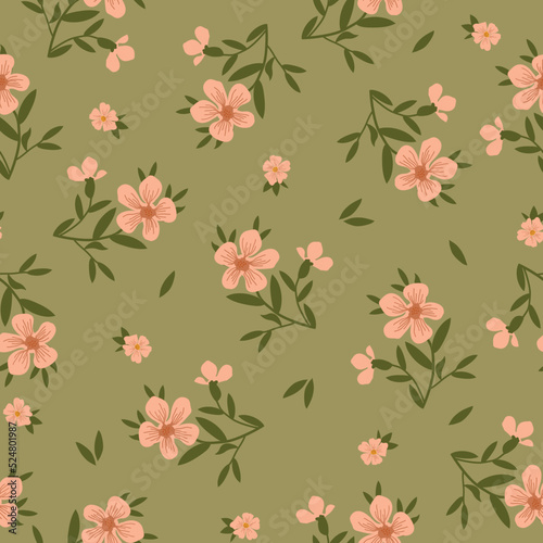 Simple vintage pattern. pink flowers, dark green leaves. green background. Fashionable print for textiles and wallpaper.