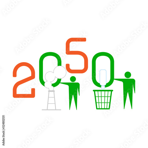 2050 global environmental goals typographic design. Human icon with zero letter as a gimmick of 0 carbon emission and 0 single-use plastic waste goals. Vector illustration outline flat design style.
