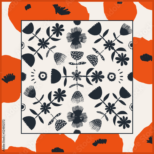Silk scarf in Ukrainian style floral ornament. Abstract ethnic style. Fashionable vector template for your design.