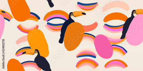 Hand drawn cute exotic pattern with toucans. Dynamic abstract colorful shapes. Fashionable template for design. Modern cartoon style. 