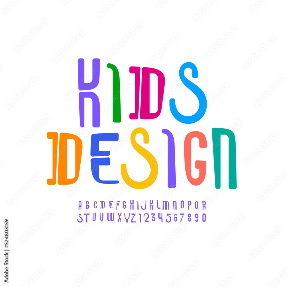 Playful font, kids alphabet, trendy modern letters and numbers, vector illustration 10EPS