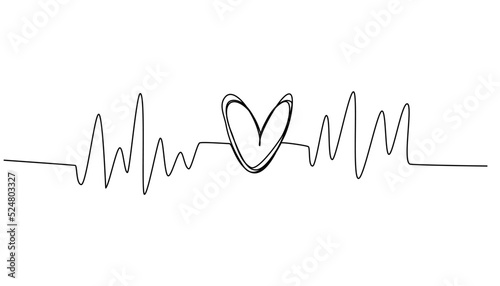 Heart with pulse. Heartbeat. Sound wave romantic symbol in simple linear style. One continuous line drawing. Hand drawn vector illustrations isolated on the white background.