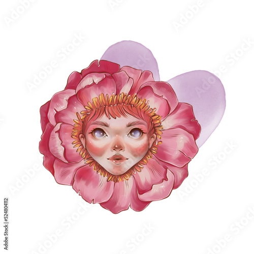 Stylized Illustration, Flower Girl Portrait, Botanic, Character, Postcard