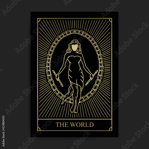The world. Major Arcana golden luxury tarot card series vector illustration