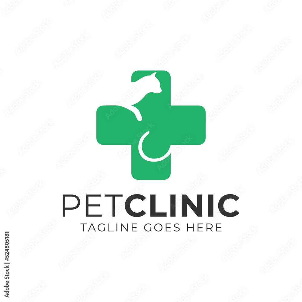 Pet Clinic Logo Design Template with Cat Icon Vector Illustration Pet Clinic Logo Design Template with Cat Icon Vector Illustration