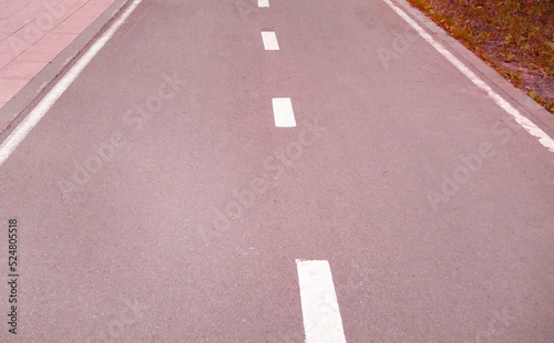 Close-up of an asphalt road with an intermittent marking line. Selective focus, pink tinting