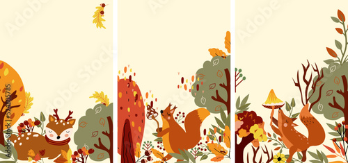 Cute Autumn composition with colorful trees, a cute squirrel holds the mushroom, cute deer lying between trees, and funny fox. Perfect for your greeting cards, poster, postcard. Vector illustration.