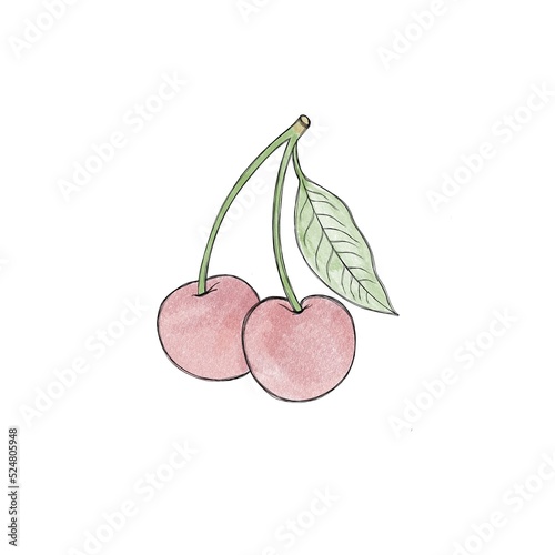 Juicy ripe cherries close-up watercolor drawing