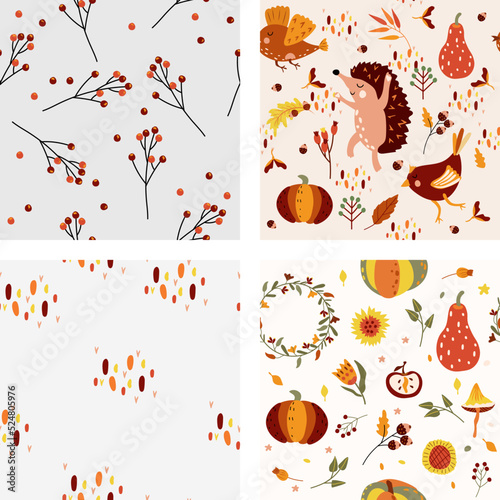 Autumn seamless pattern with cute wodland animals and elements autumn, cute hedgehog, funny bird, colored trees, autumn leaves, mushrooms. Minimalistic seamless pattern. Vector illustration. photo