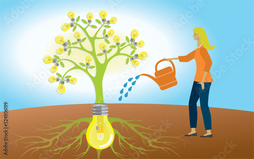Woman watering light bulb tree. The tree standing firm in ground on big idea, lightbulb and roots. Inspiration and further development. Vector illustration.