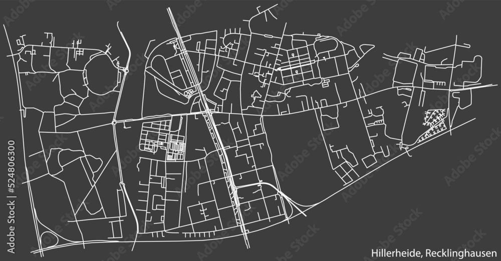 Detailed negative navigation white lines urban street roads map of the HILLERHEIDE DISTRICT of the German regional capital city of Recklinghausen, Germany on dark gray background