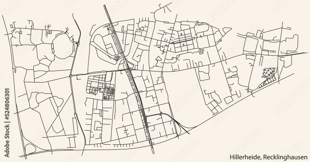 Detailed navigation black lines urban street roads map of the HILLERHEIDE DISTRICT of the German regional capital city of Recklinghausen, Germany on vintage beige background
