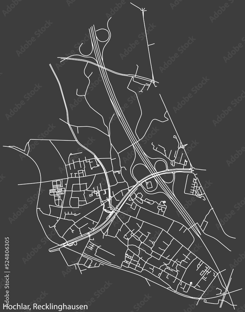 Detailed negative navigation white lines urban street roads map of the HOCHLAR DISTRICT of the German regional capital city of Recklinghausen, Germany on dark gray background