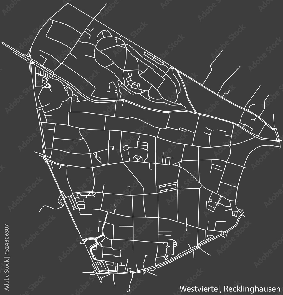 Detailed negative navigation white lines urban street roads map of the WESTVIERTEL DISTRICT of the German regional capital city of Recklinghausen, Germany on dark gray background Detailed negative navigation white lines urban street roads map of the WESTVIERTEL DISTRICT of the German regional capital city of Recklinghausen, Germany on dark gray background