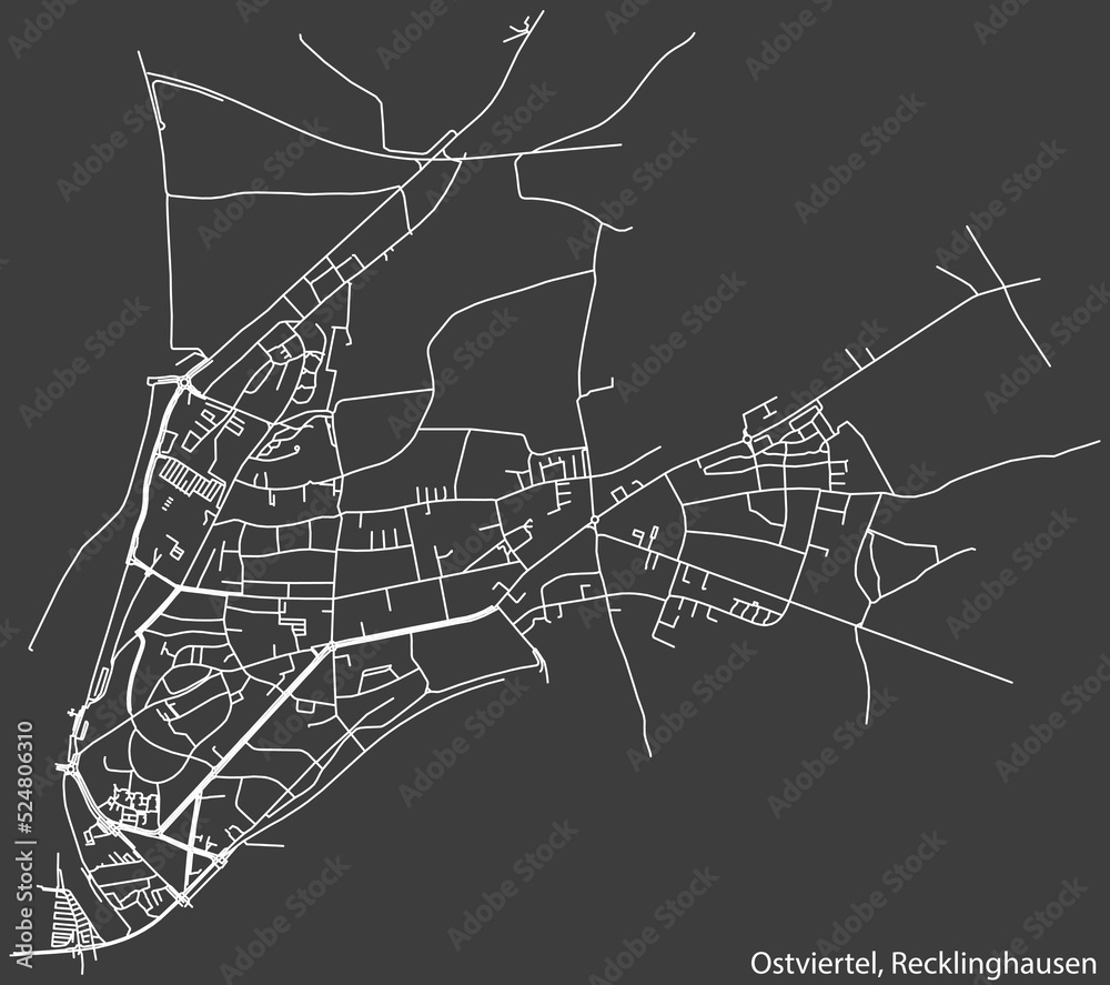 Detailed negative navigation white lines urban street roads map of the OSTVIERTEL DISTRICT of the German regional capital city of Recklinghausen, Germany on dark gray background