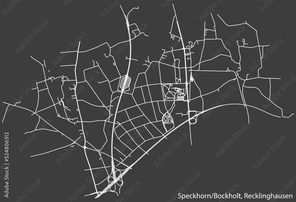 Detailed negative navigation white lines urban street roads map of the SPECKHORN-BOCKHOLT DISTRICT of the German regional capital city of Recklinghausen, Germany on dark gray background