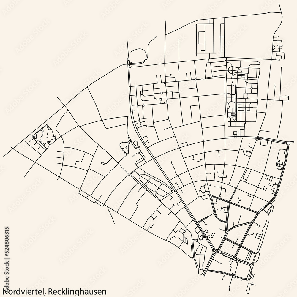 Detailed navigation black lines urban street roads map of the NORDVIERTEL DISTRICT of the German regional capital city of Recklinghausen, Germany on vintage beige background