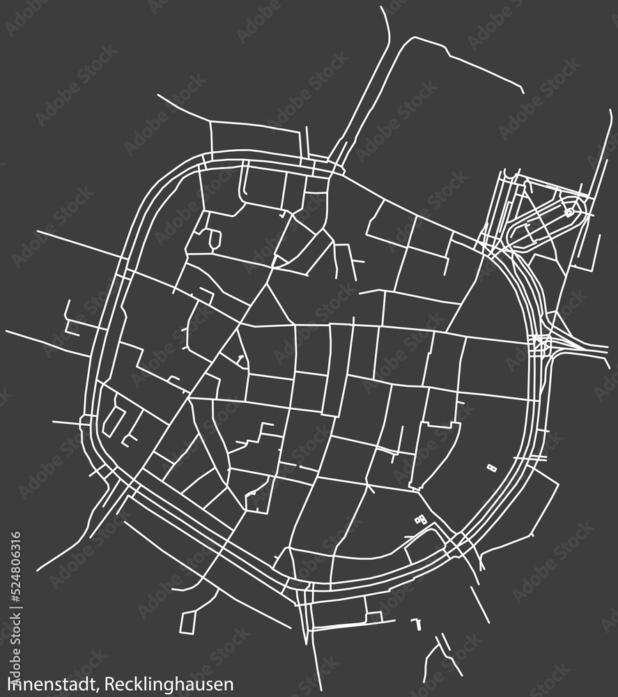 Detailed negative navigation white lines urban street roads map of the INNENSTADT DISTRICT of the German regional capital city of Recklinghausen, Germany on dark gray background