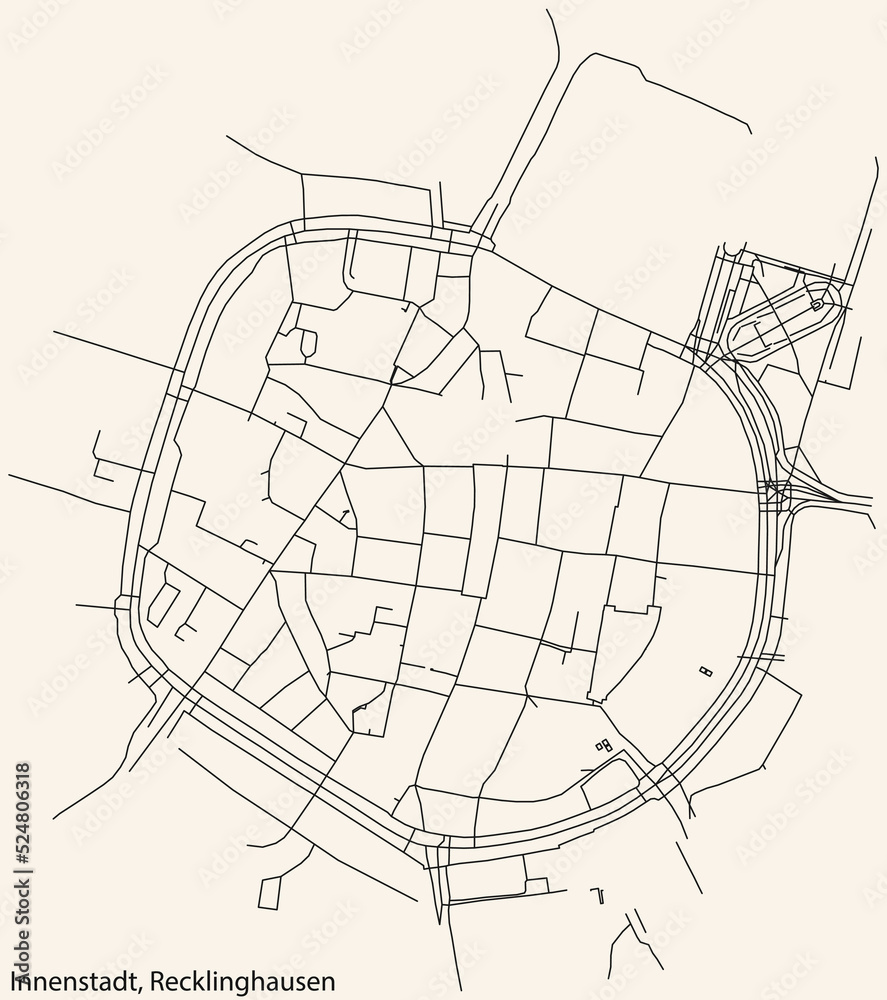 Detailed navigation black lines urban street roads map of the INNENSTADT DISTRICT of the German regional capital city of Recklinghausen, Germany on vintage beige background