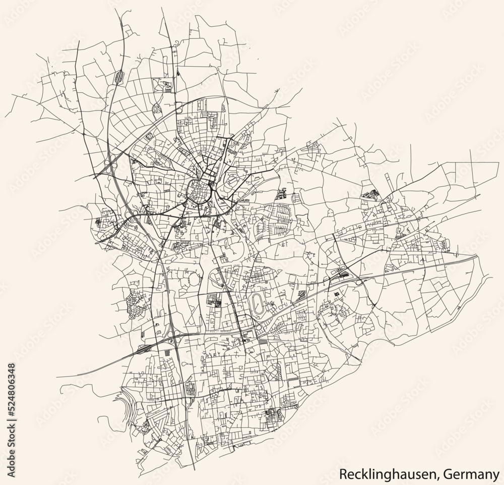 Detailed navigation black lines urban street roads map of the German regional capital city of RECKLINGHAUSEN, GERMANY on vintage beige background