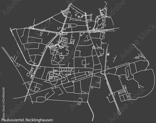 Detailed negative navigation white lines urban street roads map of the PAULUSVIERTEL DISTRICT of the German regional capital city of Recklinghausen, Germany on dark gray background