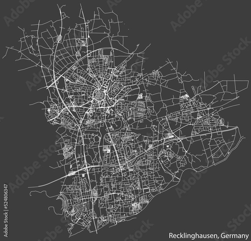 Detailed negative navigation white lines urban street roads map of the German regional capital city of RECKLINGHAUSEN, GERMANY on dark gray background