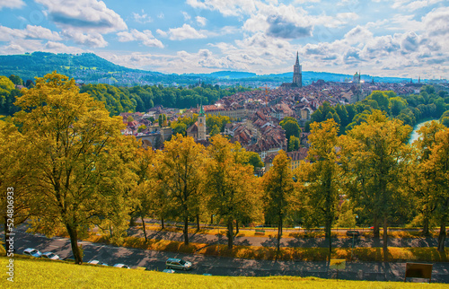 Panoramic view on the old town of Bern from Rosengarten hill at autumn, Bern, Switzerland